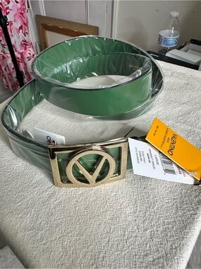 Mario Valentino Green Leather Belt with Gold Logo Buckle